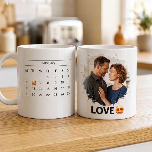 Personalized photo calendar mug with custom couple photo and special date