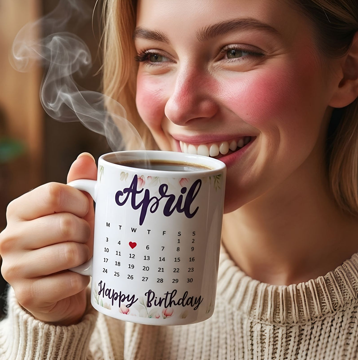 Personalized birthday calendar mug with custom date and photo design