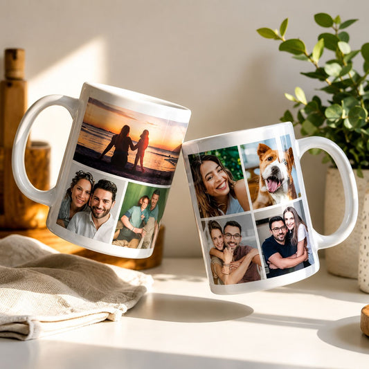 Pack of 2 personalized photo mugs with custom collage photo printing
