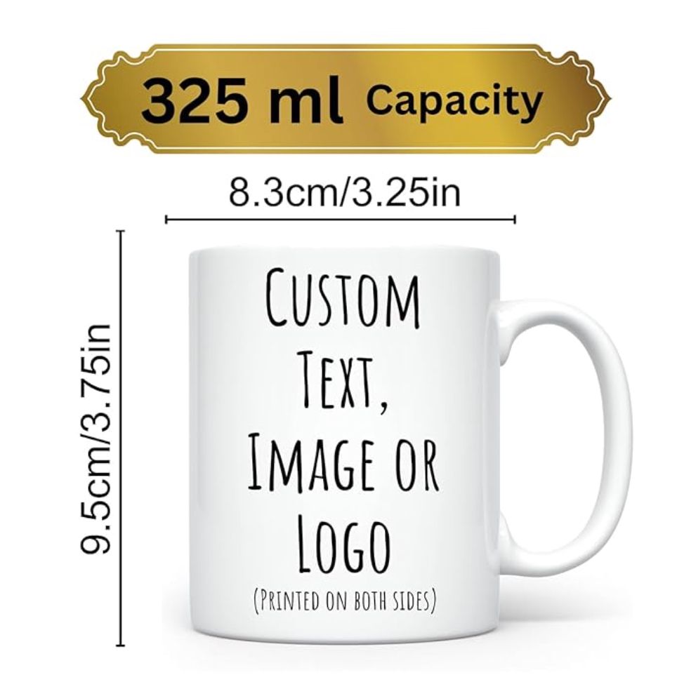 325 ml personalized ceramic mug size and dimensions with custom printing area