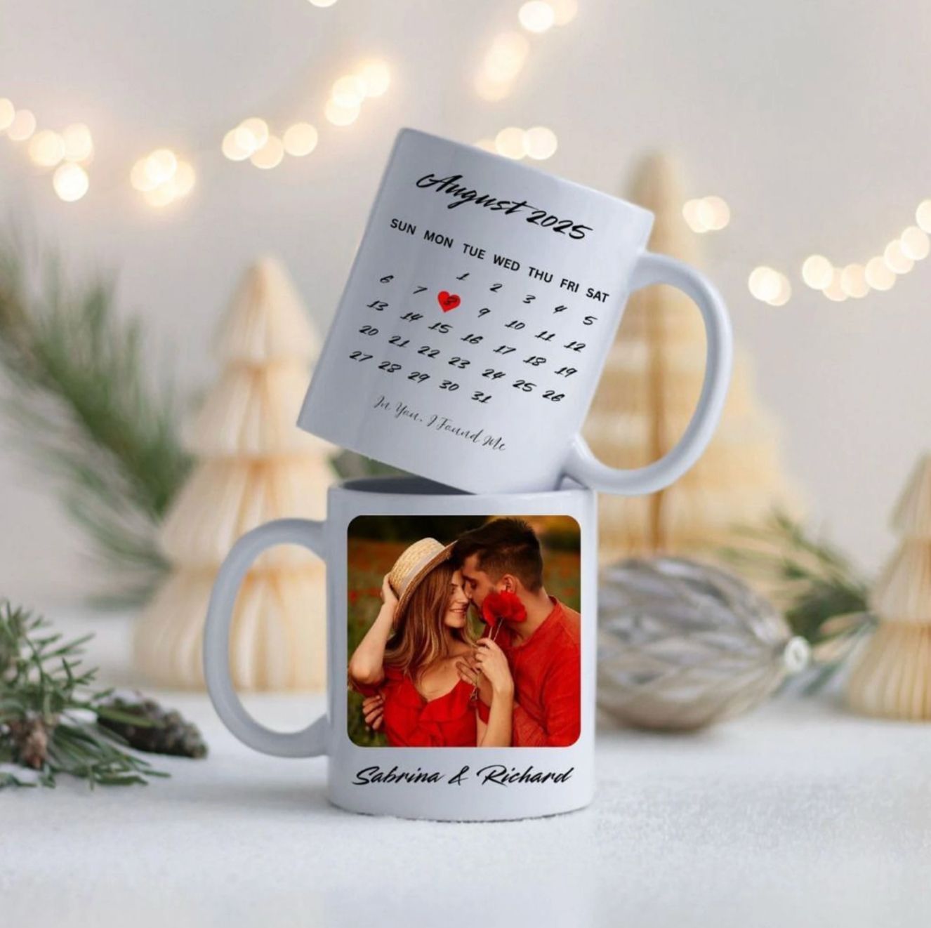 Personalized photo calendar mug with custom couple photo and special anniversary date