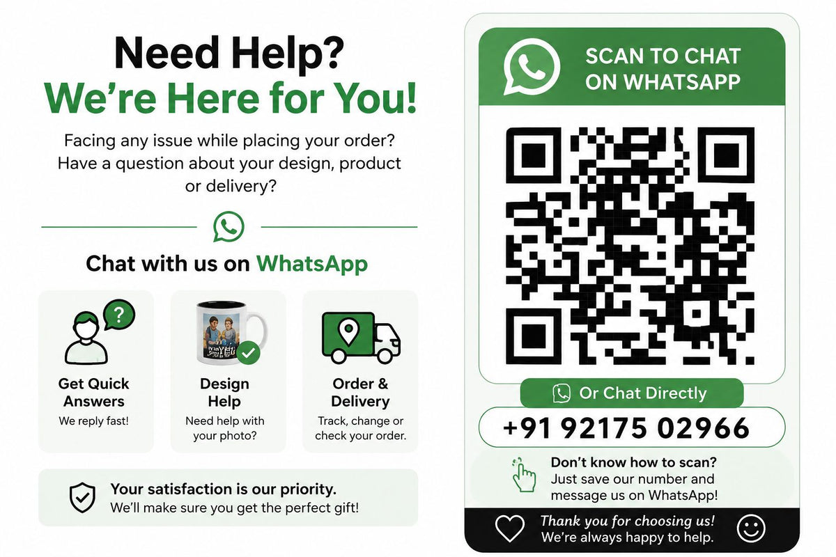 WhatsApp customer support QR code for personalized mug orders and design assistance